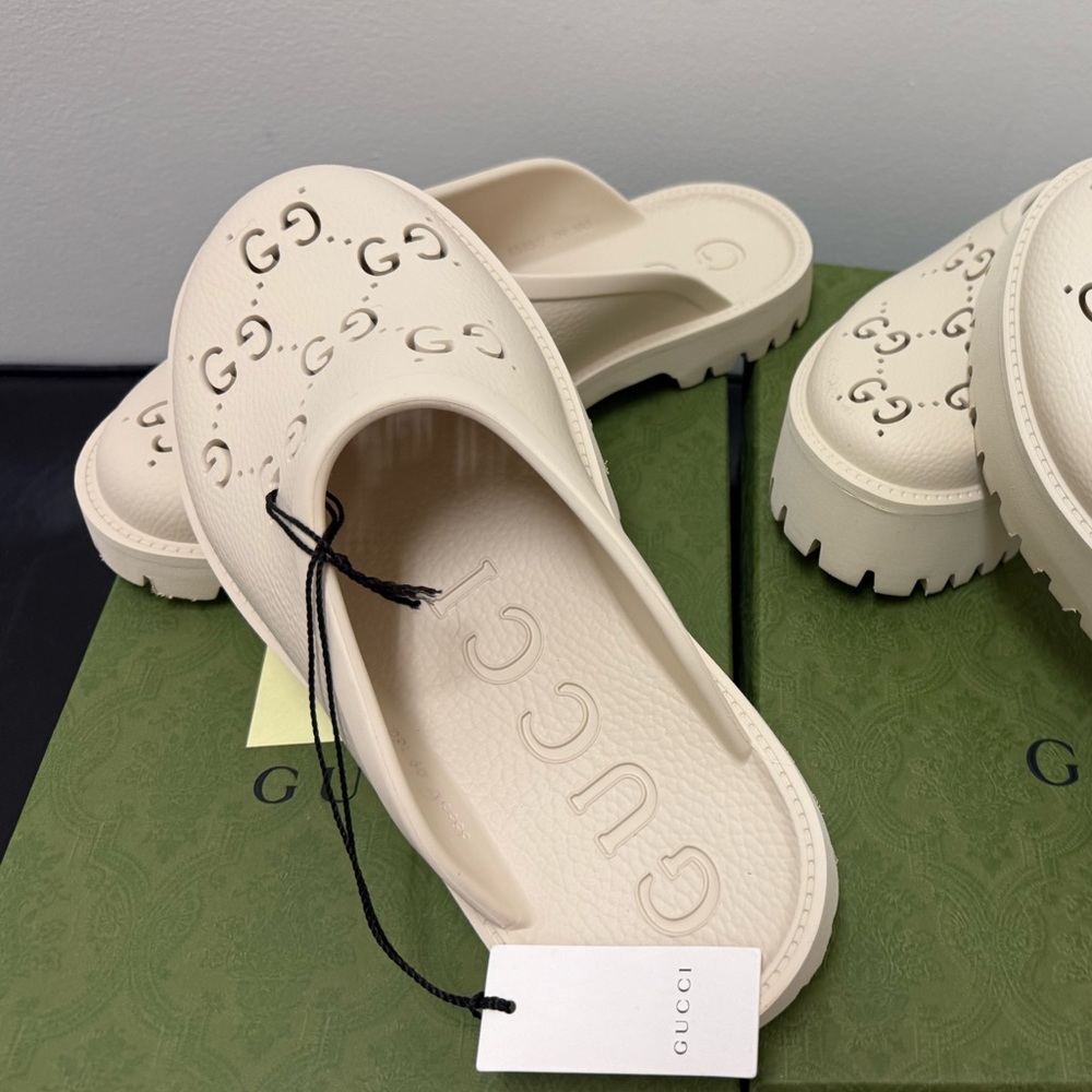 Gucci Off-White Embossed Slide Sandals